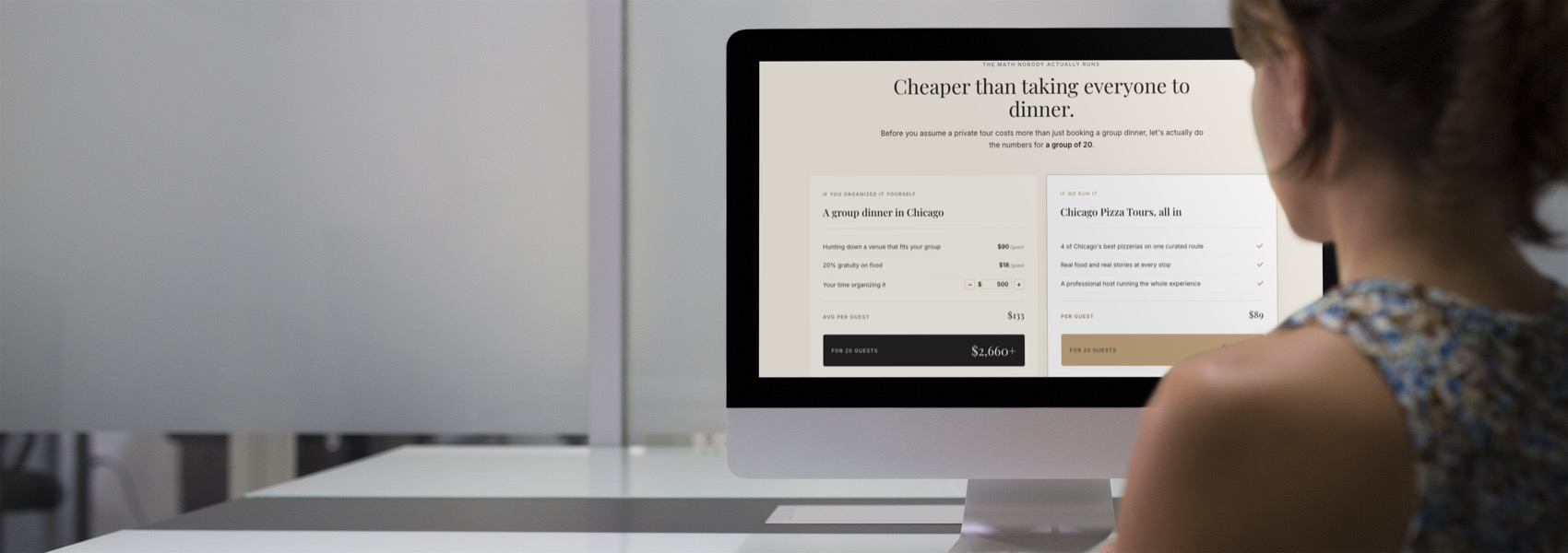 A private group calculator on a client site comparing a group food tour to organizing a group dinner
