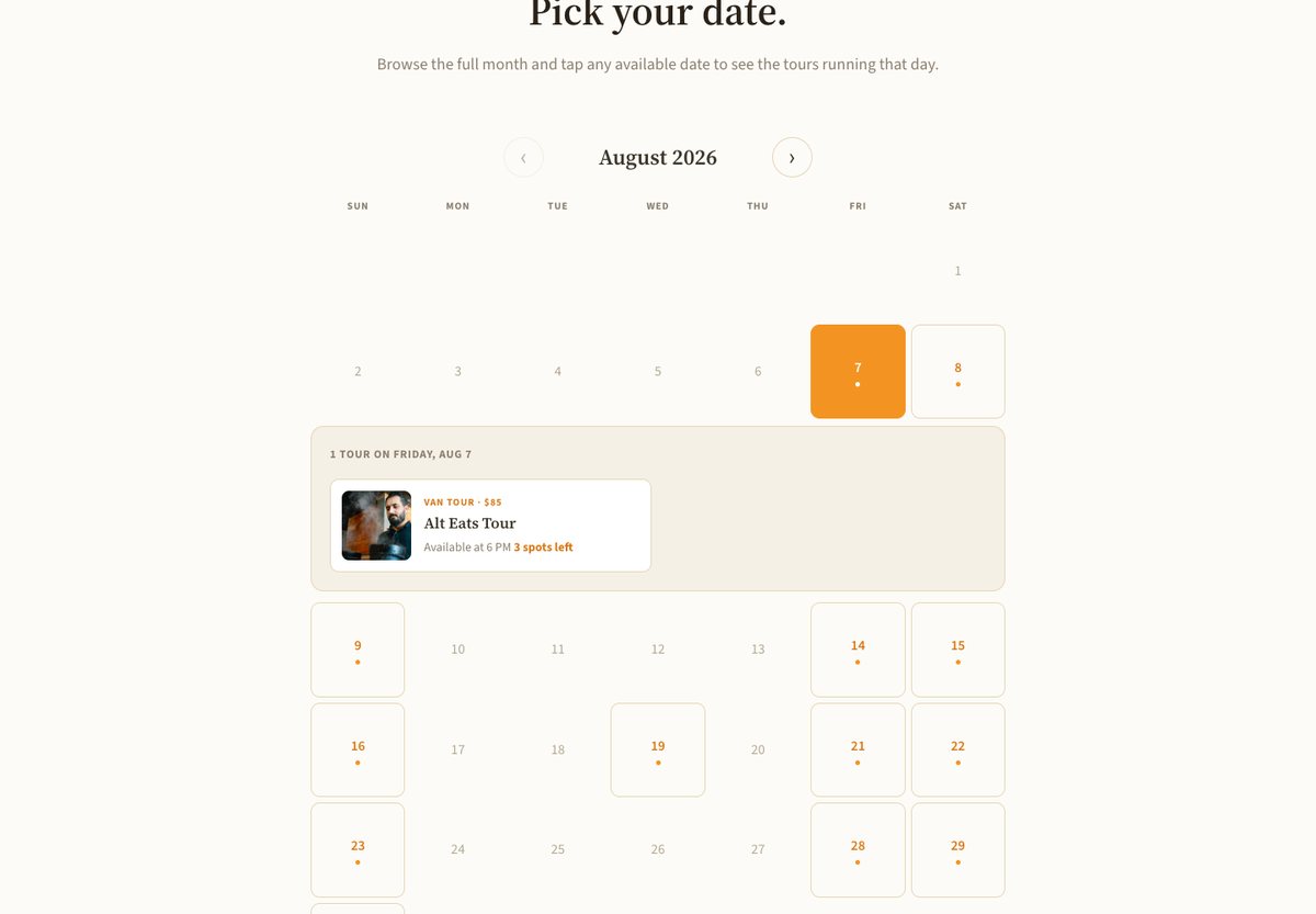 The new calendar page: a branded month grid that opens the day's tours in place, with spots remaining.
