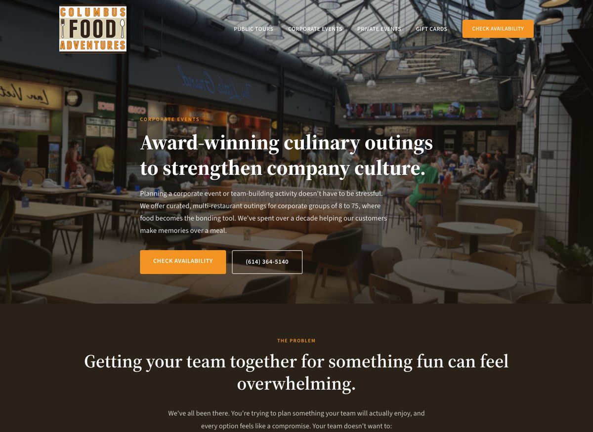 The new corporate events page, written for the person booking for a team.