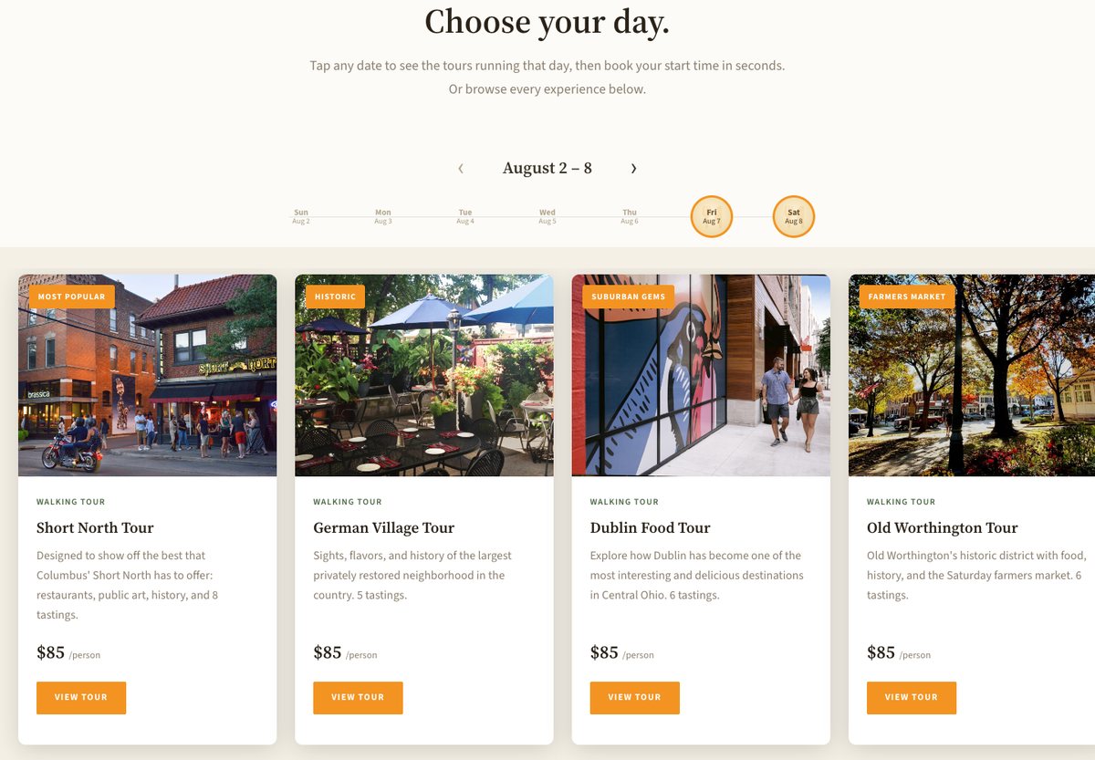 The new home page below the hero: a week of real dates, with the tours running on the chosen day.