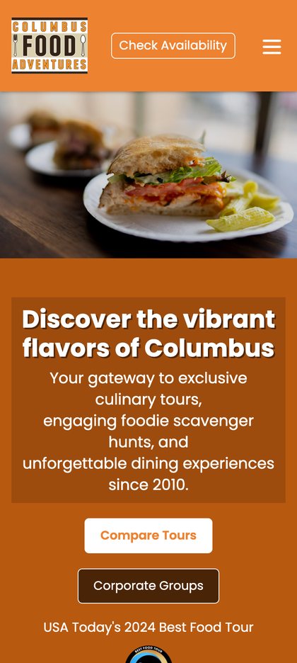 The old home page on a phone: a cropped photo, then the headline stacked inside an orange box.