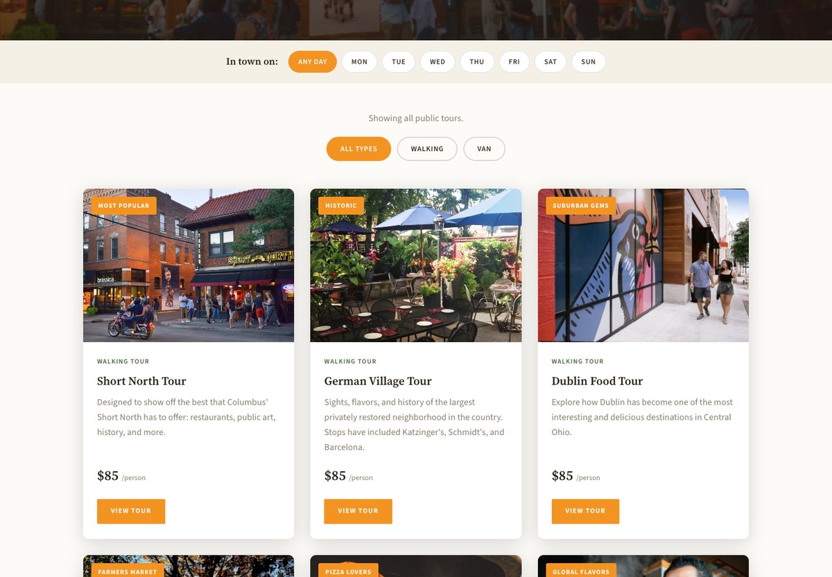 The new tours page, with filters for the day of the week and the type of tour.