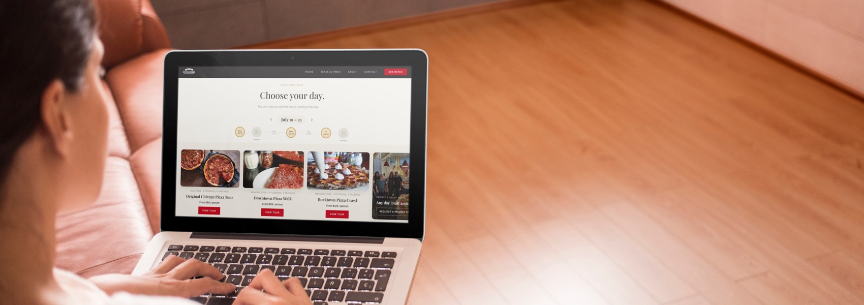 DateForward™ date-first booking picker shown on a laptop on a client site